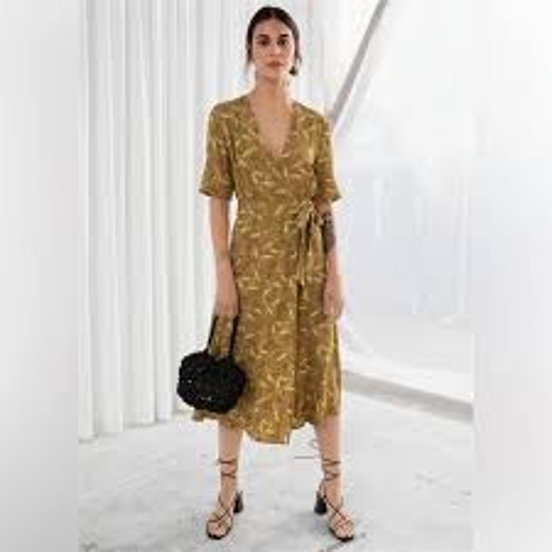 & Other Stories Novelty Wheat Print Midi Dress Faux Wrap Brown Belted Women 6